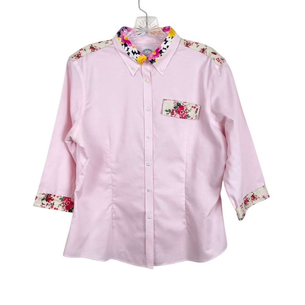 Brooks Brothers Supima Cotton 3/4 Sleeve Button Down Blouse Light Pink Floral 12